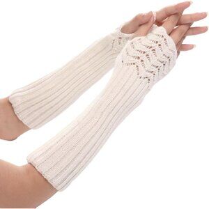 Women's Half Finger White Fingerless Knit Arm Warmers Stretchy Long Gloves